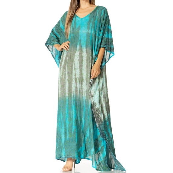 Sakkas Tacy Women's Casual Boho Summer Maxi Dress Caftan Kaftan Cover-up LougeWear - 25-Teal - One Size Regular