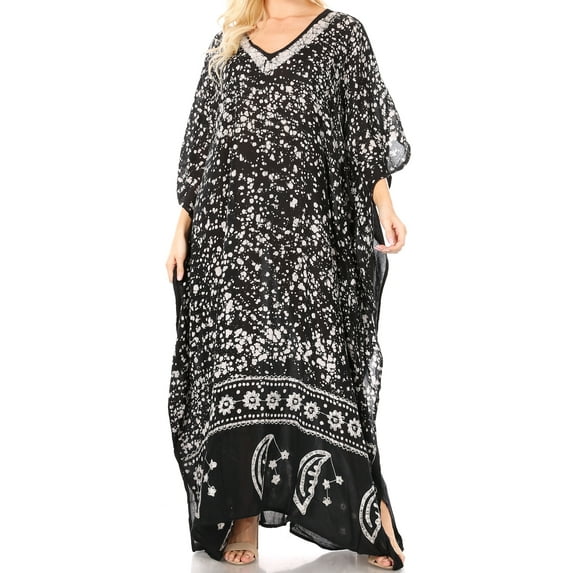 Sakkas Tacy Women's Casual Boho Summer Maxi Dress Caftan Kaftan Cover-up LougeWear - 9-BlackWhite - One Size Regular