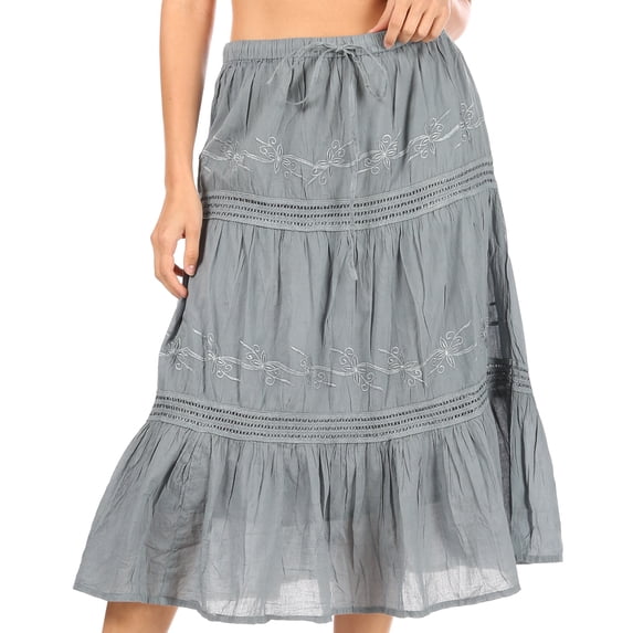 Sakkas Tahira Cascading Broomstick Midi Skirt with Crochet lace and Elastic Waist - Grey - One Size Regular