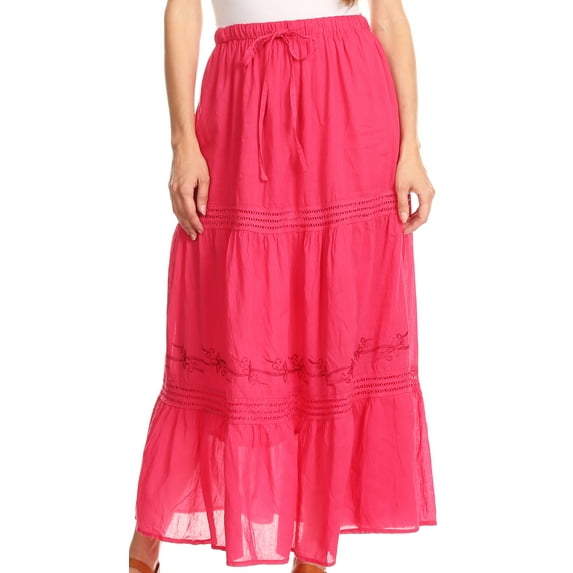 Sakkas Takara Maxi Broomstick Cascading Peasant Skirt with Elastic Waist - Fuchsia - OS