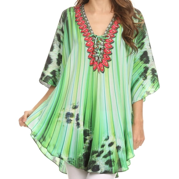 Sakkas Tallulah Wide Circle Blouse Poncho Top With Tie Neck Enclosure With Beads - Bright Green / Multi - OS