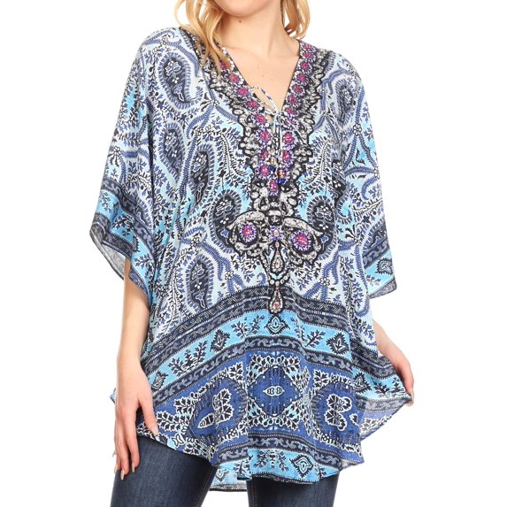 Sakkas Tallulah Wide Circle Blouse V Neck Top With Tassle Ties And Rhinestones - MW28-White - One Size Regular