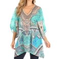 thumbnail image 1 of Sakkas Tanya Women's Short Sleeve Floral Print Loose Blouse Tunic V-neck Silky - TTU383-Turq - One Size, 1 of 5
