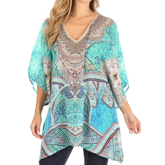 Sakkas Tanya Women's Short Sleeve Floral Print Loose Blouse Tunic V-neck Silky - TTU383-Turq - One Size