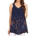 thumbnail image 1 of Sakkas Tara V Neck Sleeveless Soft Crinkled Embroidered Casual Tank Top Blouse - Blue - One Size Regular, 1 of 4