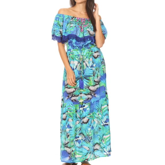 Sakkas Tara Women's Long Maxi Boho Off Shoulder Summer Casual Dress Floral Print - NB258-Blue - One Size Regular