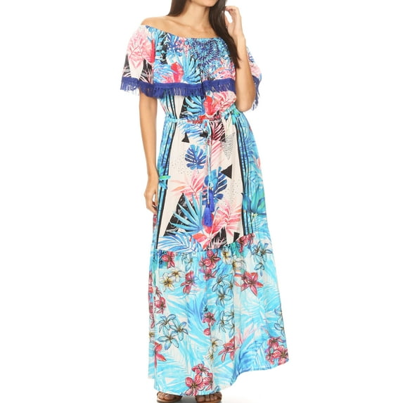 Sakkas Tara Women's Long Maxi Boho Off Shoulder Summer Casual Dress Floral Print - TLB256-Blue - One Size Regular