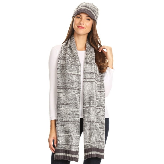 Sakkas Theo Unisex Warm Winter Heather and stripes Knit Hat & Scarf Set - Heather Grey - One Size Regular
