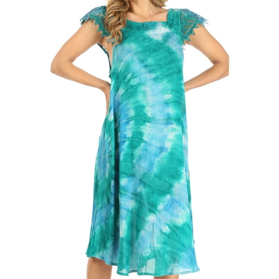 Sakkas Trila Women's Casual Summer Lace Boho Short Sleeve Midi Loose Dress Flowy - BlueGreen - One Size