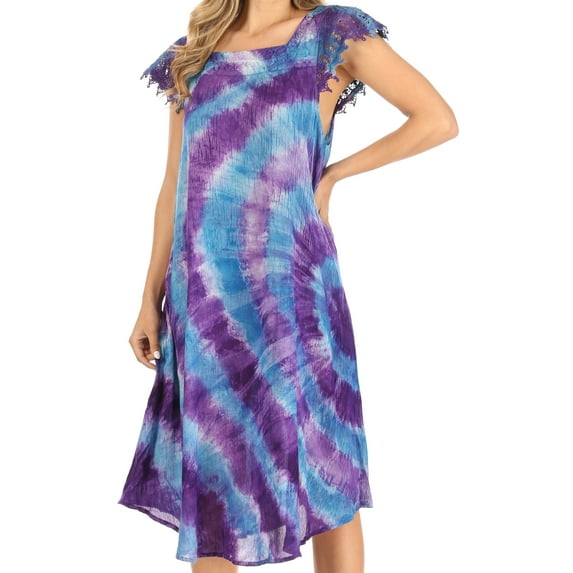 Sakkas Trila Women's Casual Summer Lace Boho Short Sleeve Midi Loose Dress Flowy - BluePurple - One Size