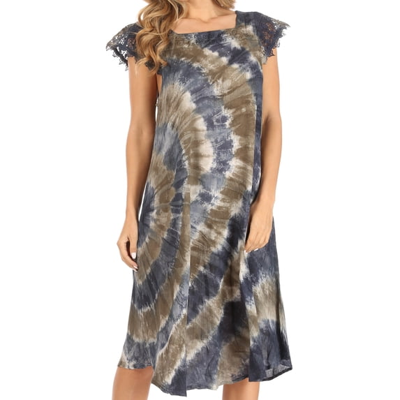 Sakkas Trila Women's Casual Summer Lace Boho Short Sleeve Midi Loose Dress Flowy - OliveBlack - One Size