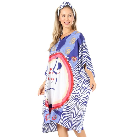 Sakkas Trina Women's Casual Loose Beach Poncho Caftan Dress Cover-up Many Print - KAF1009-Blue - One Size