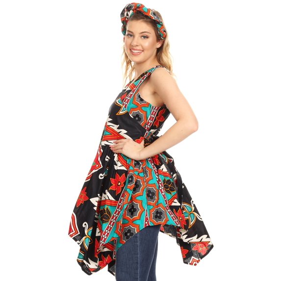 Sakkas Vale Womens African Ankara Sleeveless Short Cocktail Wrap Dress with Pocket - 41-BlackTeal - One Size Regular