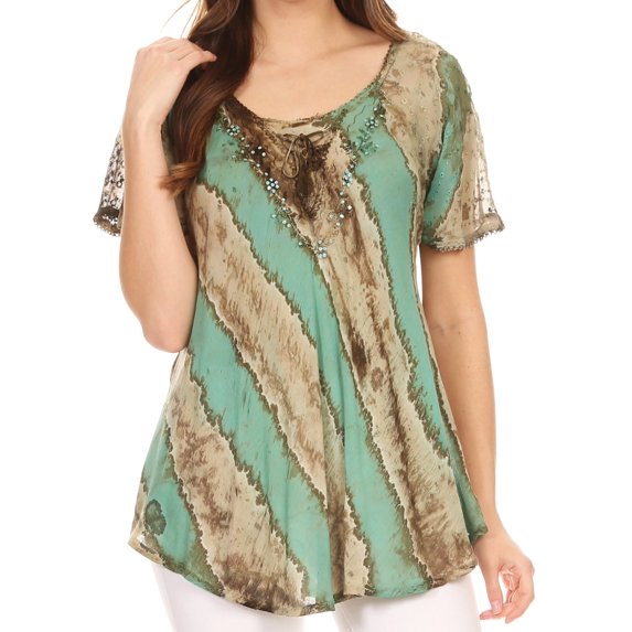 Sakkas Valencia Tie Dye Sheer Cap Sleeve Embellished Drawstring Scoop Neck Top - 4-SeaGreen - Plus Size