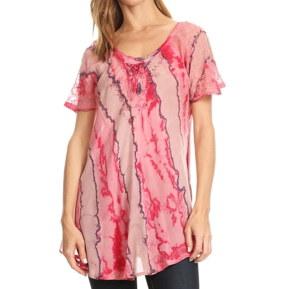 Sakkas Valencia Tie Dye Sheer Cap Sleeve Embellished Drawstring Scoop Neck Top - 5-Pink - One Size