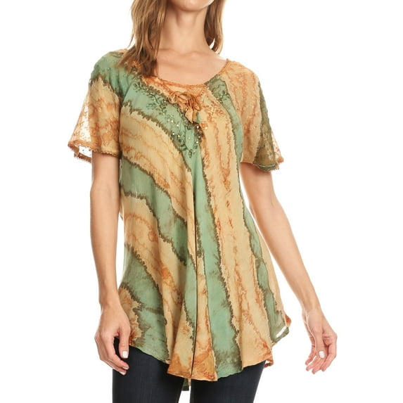 Sakkas Valencia Tie Dye Sheer Cap Sleeve Embellished Drawstring Scoop Neck Top - 8-Brown - Plus Size