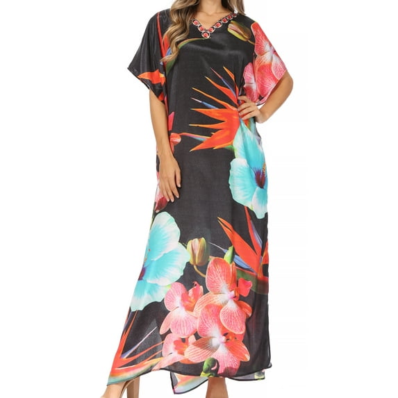 Sakkas Vicky Women's Casual Long Print Short Sleeve Petit Beach Maxi Caftan Dress - Print-1 - One Size