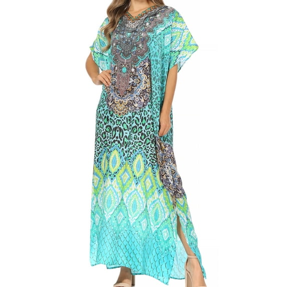 Sakkas Vicky Women's Casual Long Print Short Sleeve Petit Beach Maxi Caftan Dress - Print-4 - One Size