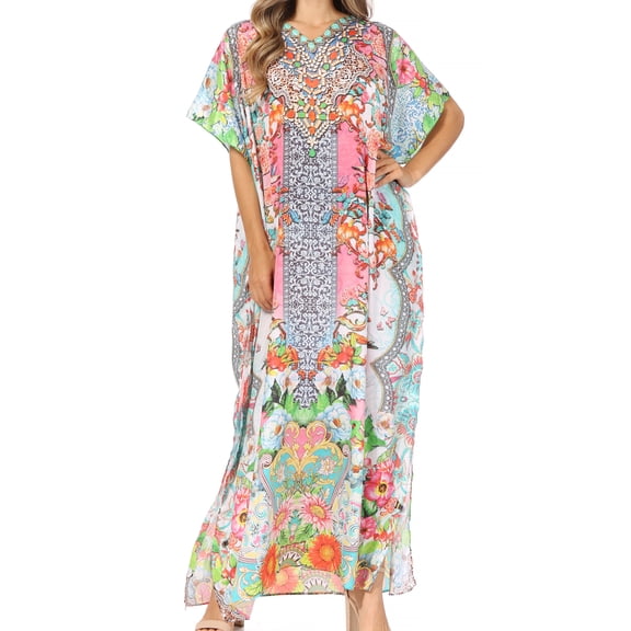 Sakkas Vicky Women's Casual Long Print Short Sleeve Petit Beach Maxi Caftan Dress - Print-8 - One Size