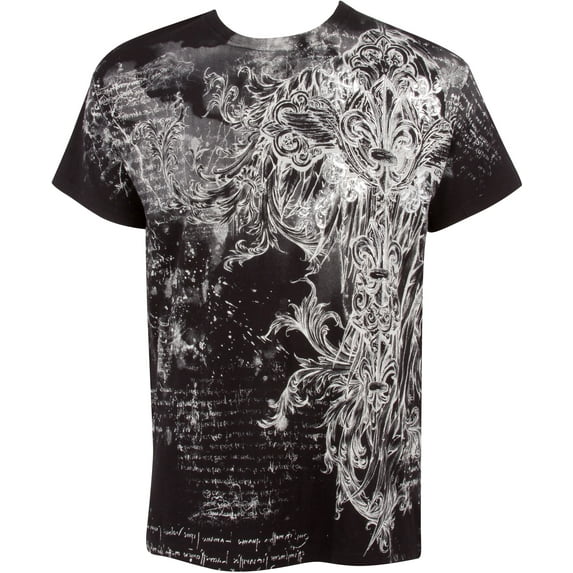 Sakkas Vines and Fleur De Lis Metallic Silver Embossed Cotton Mens T-Shirt - Black - 2XL