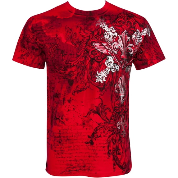 Sakkas Vines and Fleur De Lis Metallic Silver Embossed Cotton Mens T-Shirt - Red - X-Large