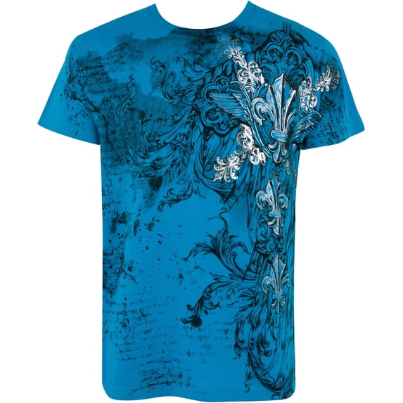 Sakkas Vines and Fleur De Lis Metallic Silver Embossed Cotton Mens T-Shirt - Turquoise - 2XL