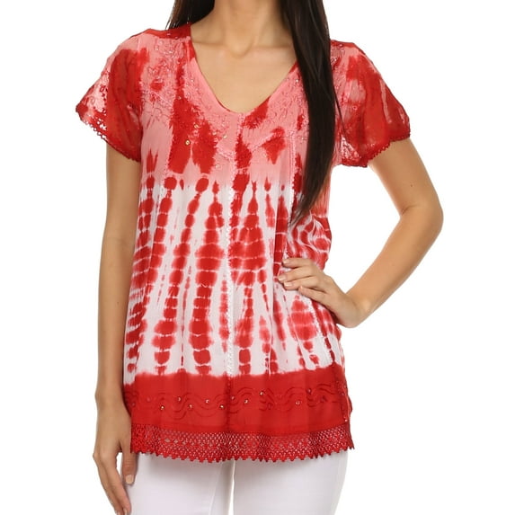 Sakkas Violet Embroidery Tie Dye Sequin Accents Blouse / Top - Red - Plus Size