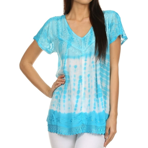 Sakkas Violet Embroidery Tie Dye Sequin Accents Blouse / Top - Sky Blue - Plus Size