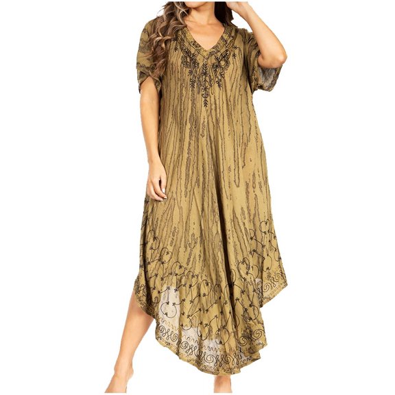 Sakkas Viveka Embroidered Caftan Dress - 2-ForestGreen - One Size