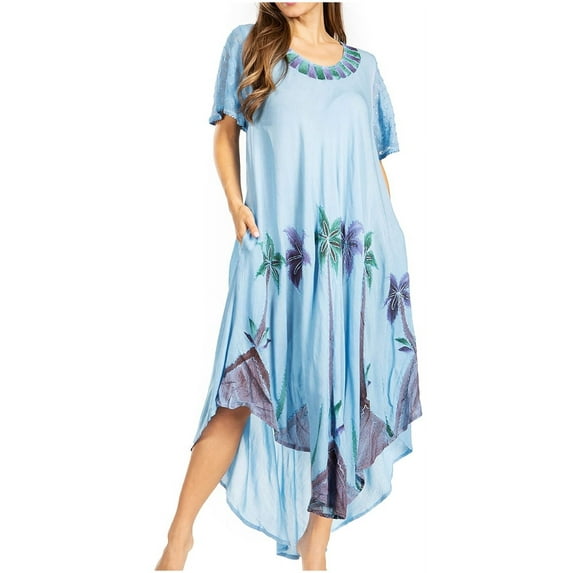 Sakkas Watercolor Palm Tree Tank Caftan Dress - Blue - One Size