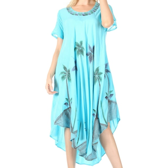 Sakkas Watercolor Palm Tree Tank Caftan Dress - Turquoise - One Size