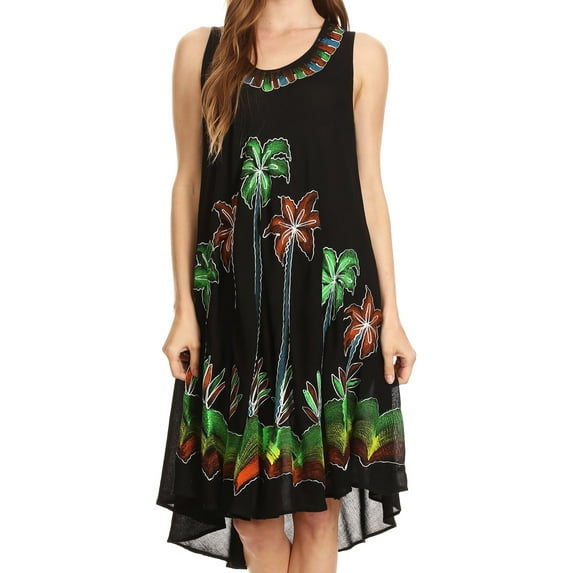 Sakkas Watercolor Palm Tree Tank Caftan Short Dress - Black - One Size