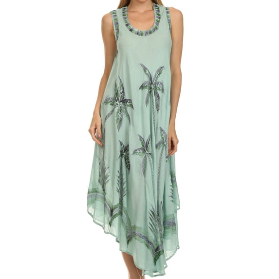 Sakkas Watercolor Palm Tree Tank Caftan Short Dress - Seafoam - One Size