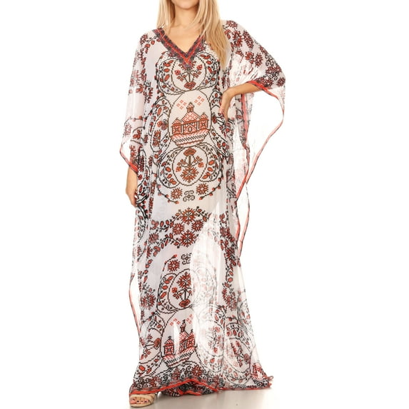 Sakkas Wilder Printed Design Long Sheer Rhinestone Caftan Dress / Cover Up - 17158-WhiteRed - OS