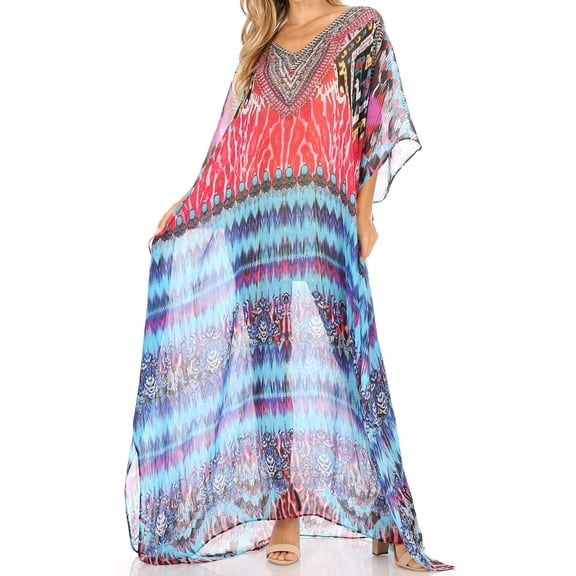 Sakkas Wilder Printed Design Long Sheer Rhinestone Caftan Dress / Cover Up - um232-multi - OS