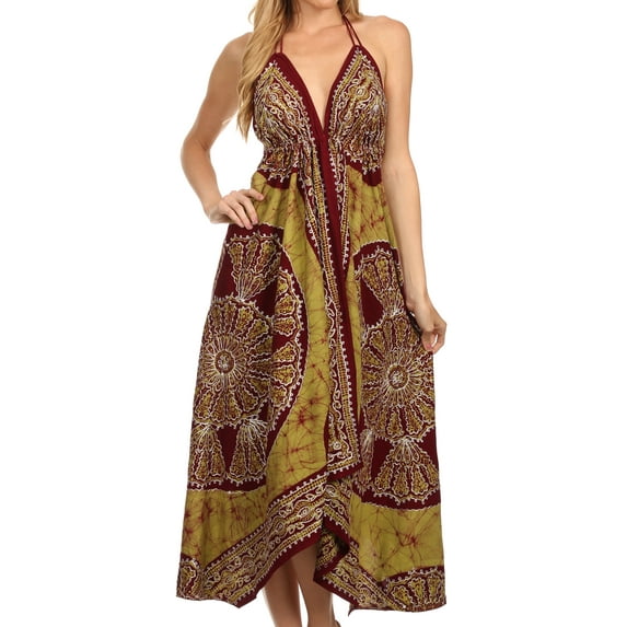 Sakkas Women's Batik Medallion Handkerchief Hem Adjustable Dress - Chocolate / Mehandi - OS