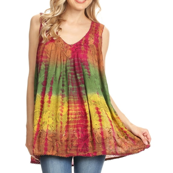 Sakkas Women's Tie Dye Floral Sequin Sleeveless Blouse - Brown - Plus Size
