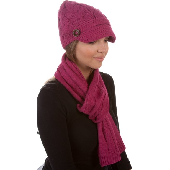 Sakkas Womens 2-piece Cable Knitted Visor Beanie Scarf and Hat Set with Button - Berry/One Size