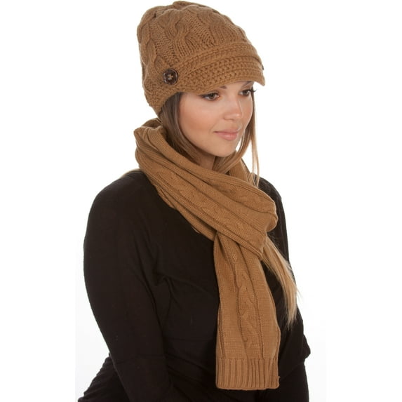 Sakkas Womens 2-piece Cable Knitted Visor Beanie Scarf and Hat Set with Button - Camel/One Size
