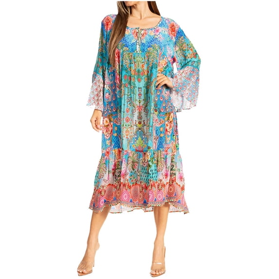 Sakkas Womens 3/4 Ruffled Sleeves Henley Neck Summer Short Flowy Dress/Beachwear - D-395-B - S/M