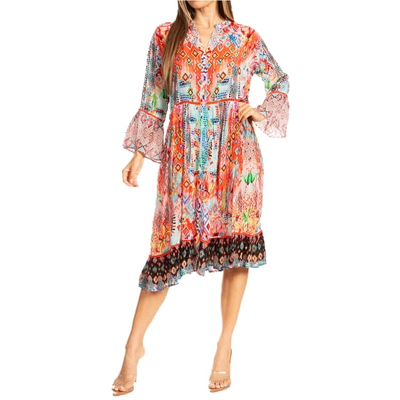Sakkas Womens 3/4 Sleeves Button Down Spring/Summer Short Shirt Dress/Cover-up - D-371-A - S/M