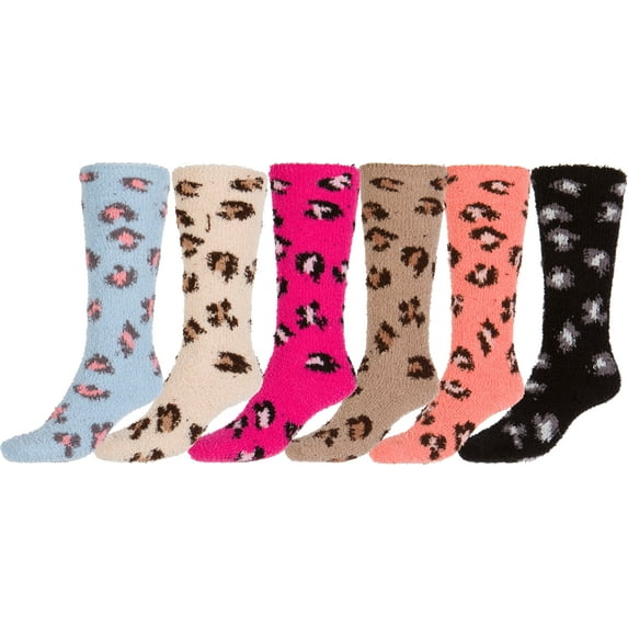 Sakkas Womens Super Soft Anti-Slip Fuzzy Knee High Socks Value Assorted 6-Pack - Leopard - 9-11