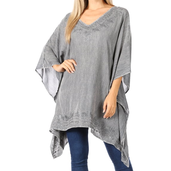Sakkas Wren Lightweight Circle Poncho Top Blouse With Detailed Embroidery - Grey - One Size Regular