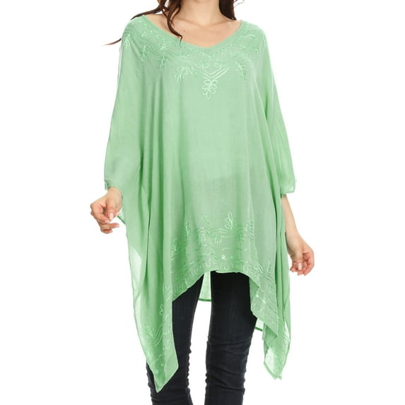 Sakkas Wren Lightweight Circle Poncho Top Blouse With Detailed Embroidery - Sea Green - One Size Regular