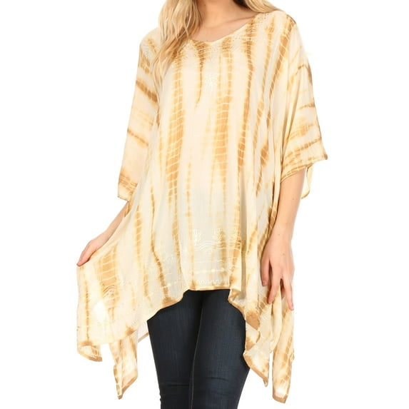 Sakkas Wren Lightweight Circle Poncho Top Blouse With Detailed Embroidery - TD-Beige - One Size Regular