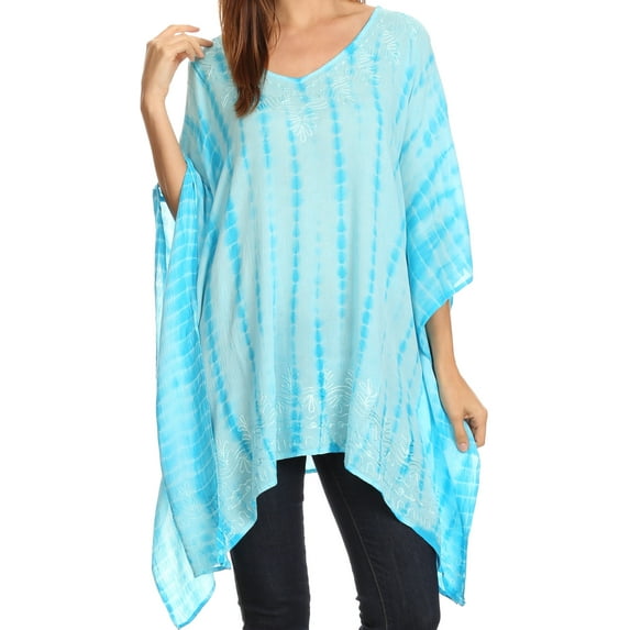 Sakkas Wren Lightweight Circle Poncho Top Blouse With Detailed Embroidery - TD-Turquoise - OS