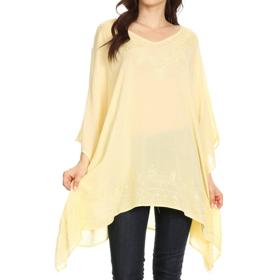 Sakkas Wren Lightweight Circle Poncho Top Blouse With Detailed Embroidery - Yellow - One Size Regular