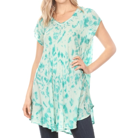 Sakkas Xoana Women's Casual Cap Sleeve V-neck Flare Loose Boho Swing Short Dress - Green - Plus Size