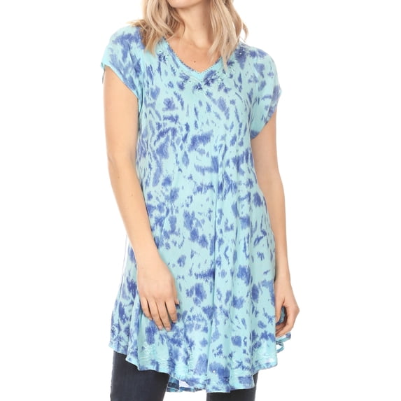 Sakkas Xoana Women's Casual Cap Sleeve V-neck Flare Loose Boho Swing Short Dress - Turq - Plus Size