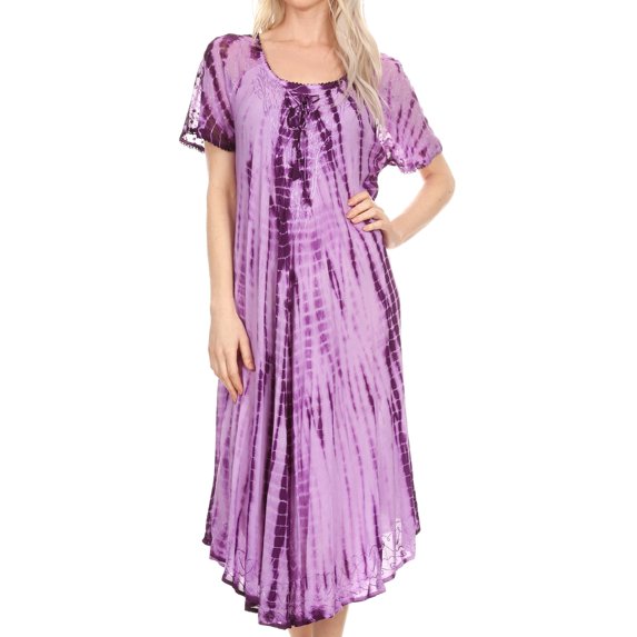Sakkas Yasmin Tie Dye Embroidered Sheer Cap Sleeve Sundress | Cover Up - Purple - One Size Regular